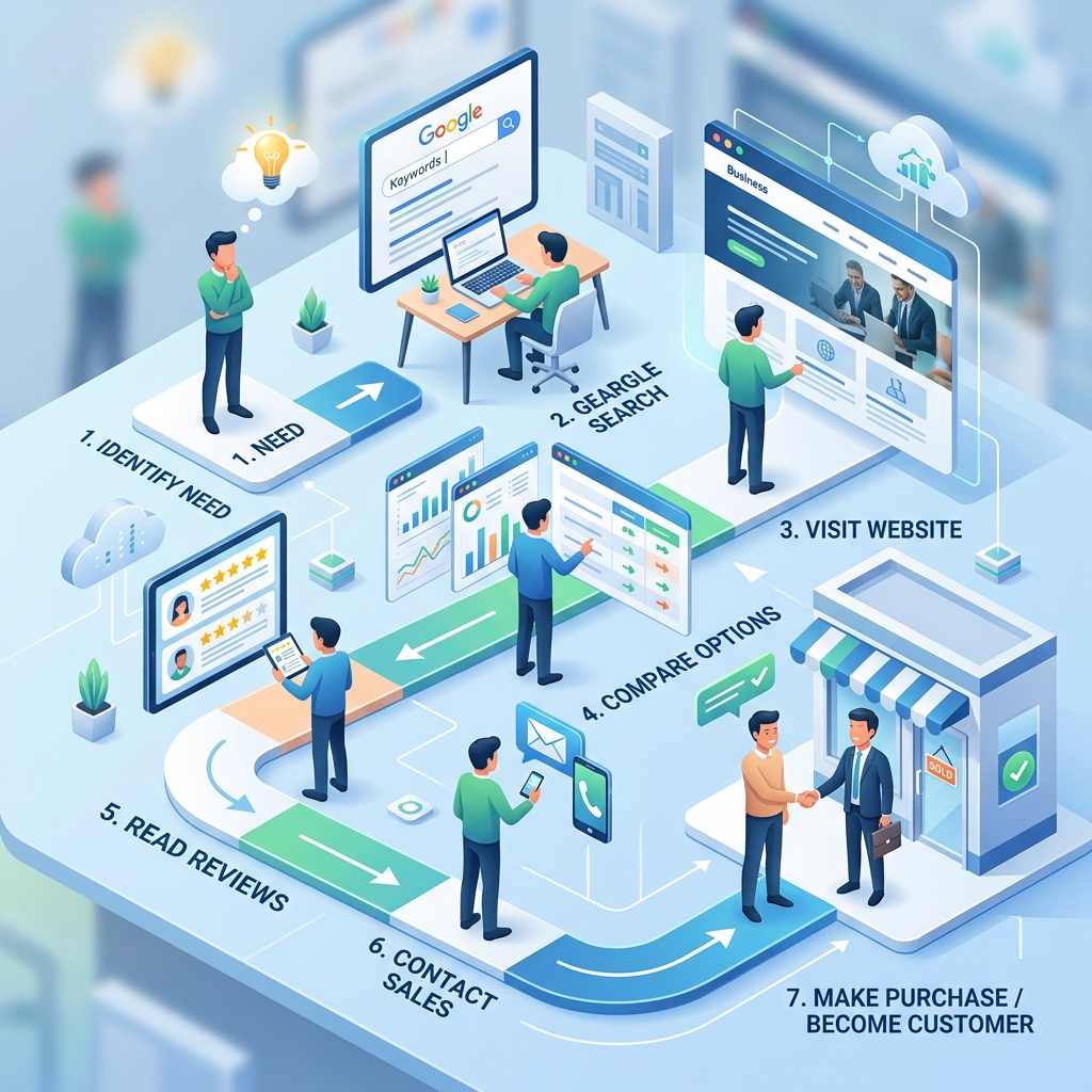Customer journey from Google search to business enquiry through a professional website.