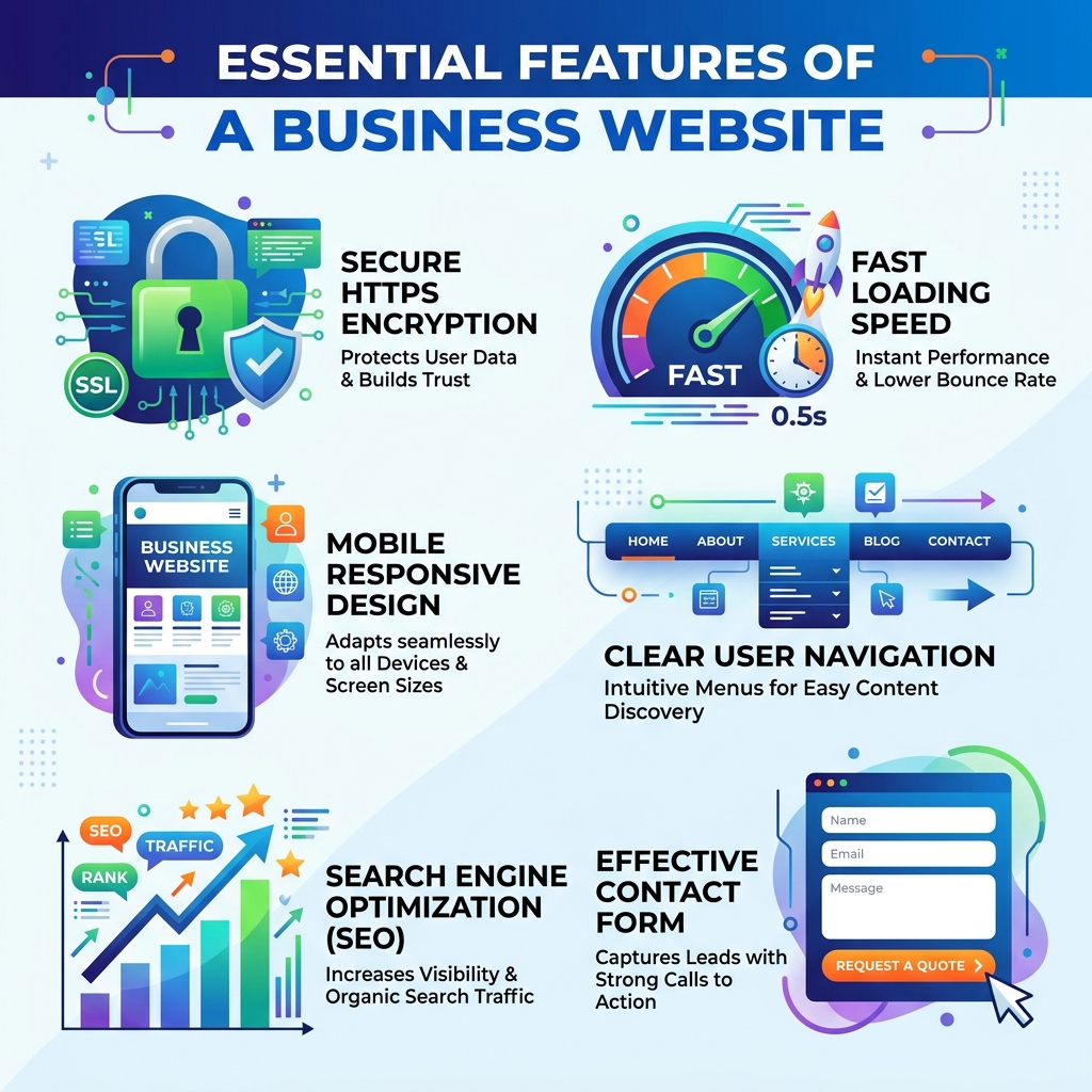 Infographic showing key features of a modern business website including responsiveness, SEO, speed, security, and contact forms.