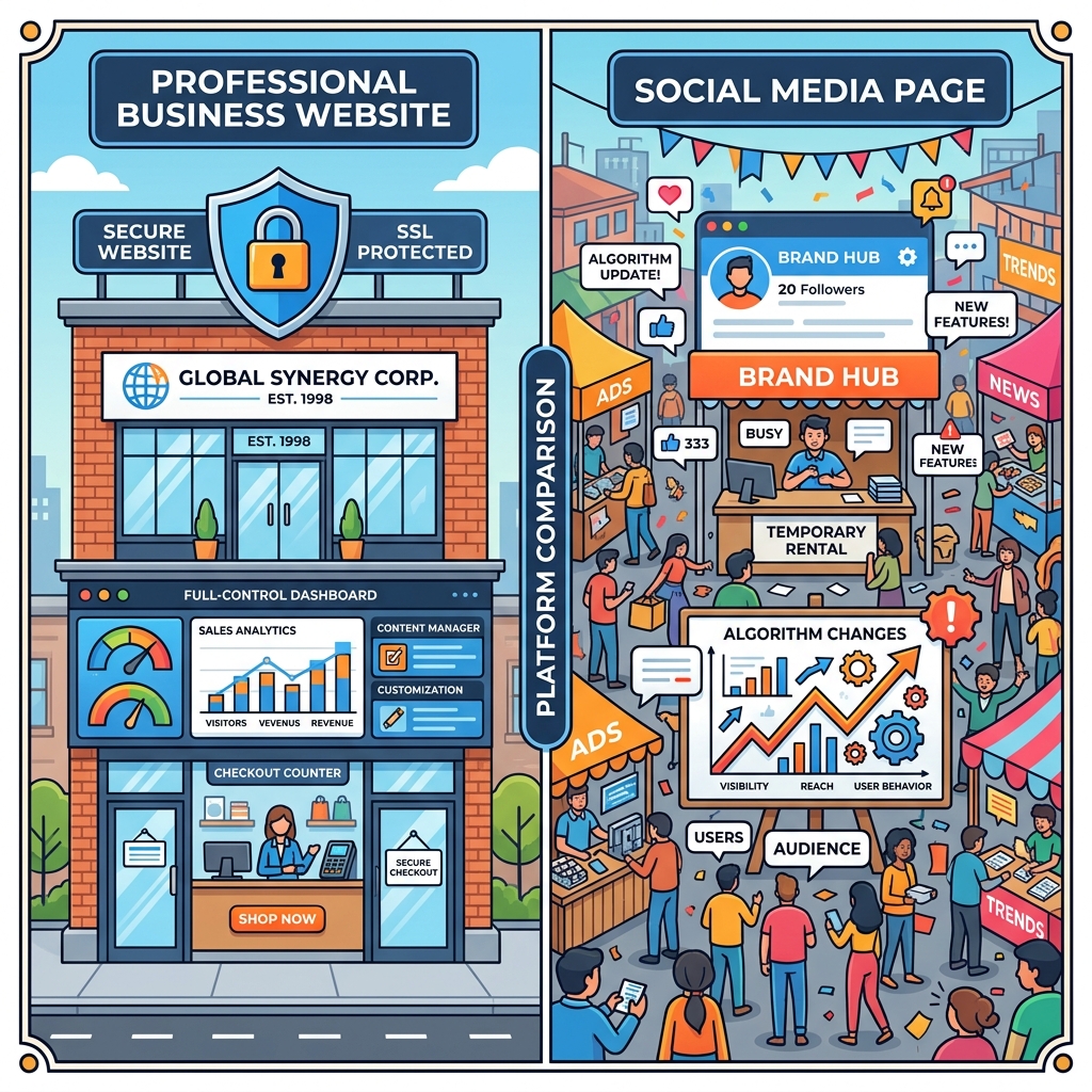 Comparison showing differences between a business website and social media platforms.