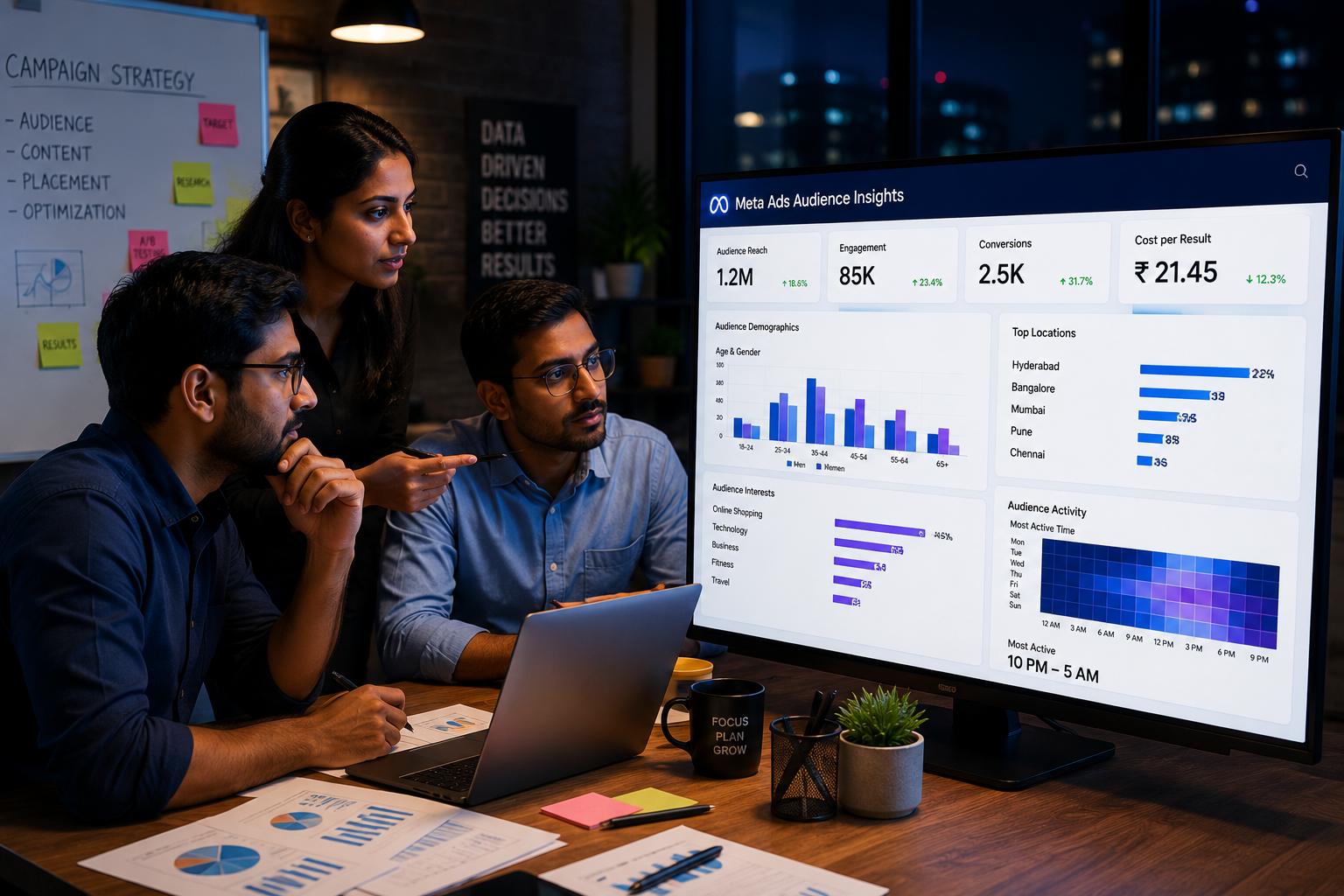 Digital marketing experts analyzing Meta Ads audience behavior and customer insights